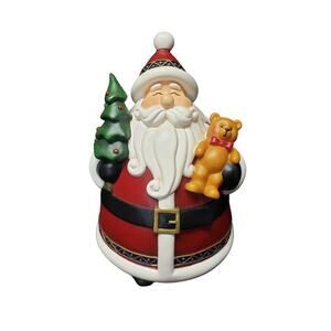 Decorative Jolly Round Santa Figurine Holding a Christmas Tree & Teddy Bear
